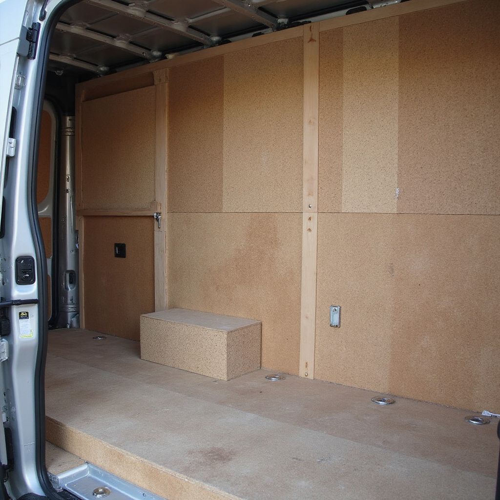 Interior of a van, modified with wood paneling on walls and floor for cargo.