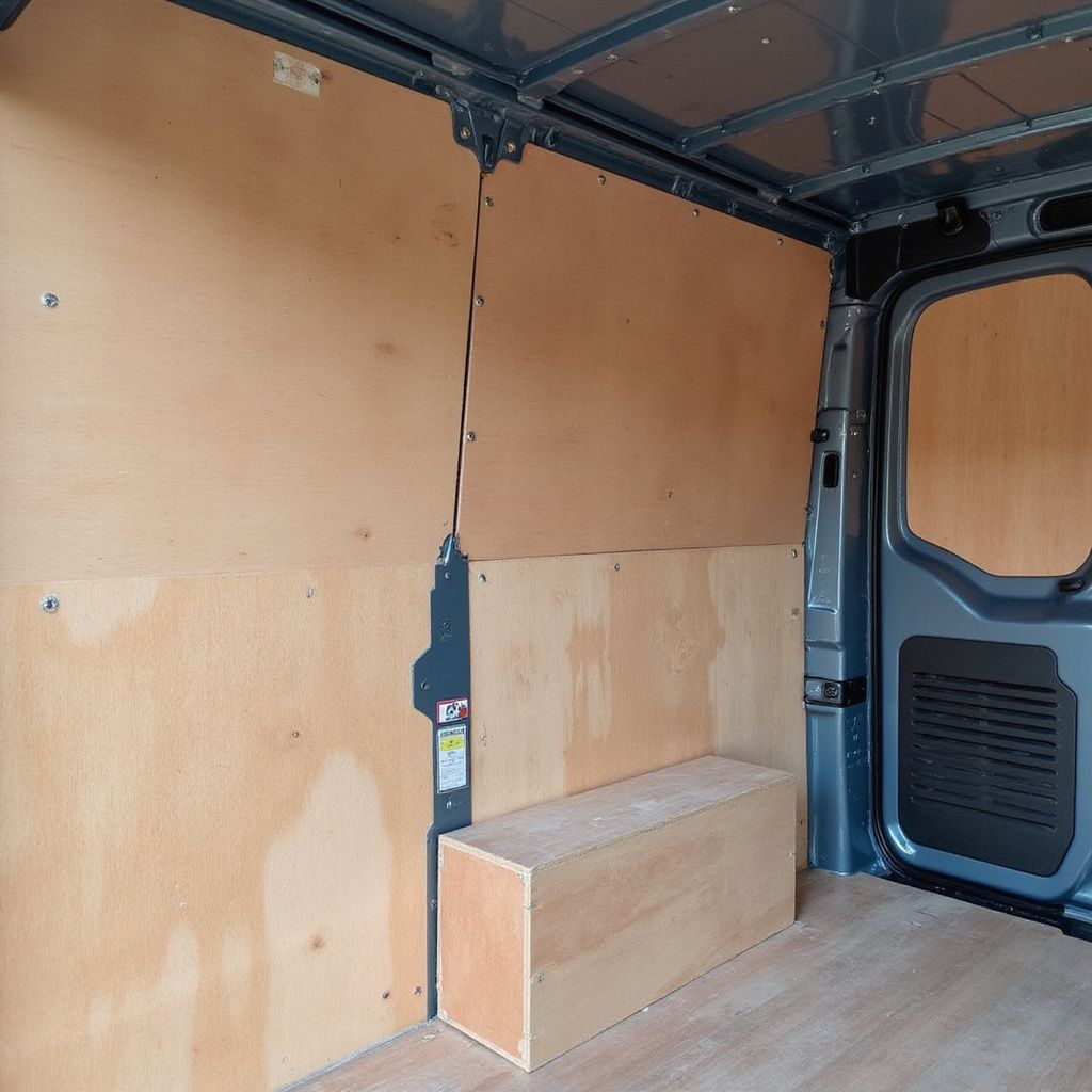 Empty van interior; wooden walls and flooring; unfinished wooden box on floor.