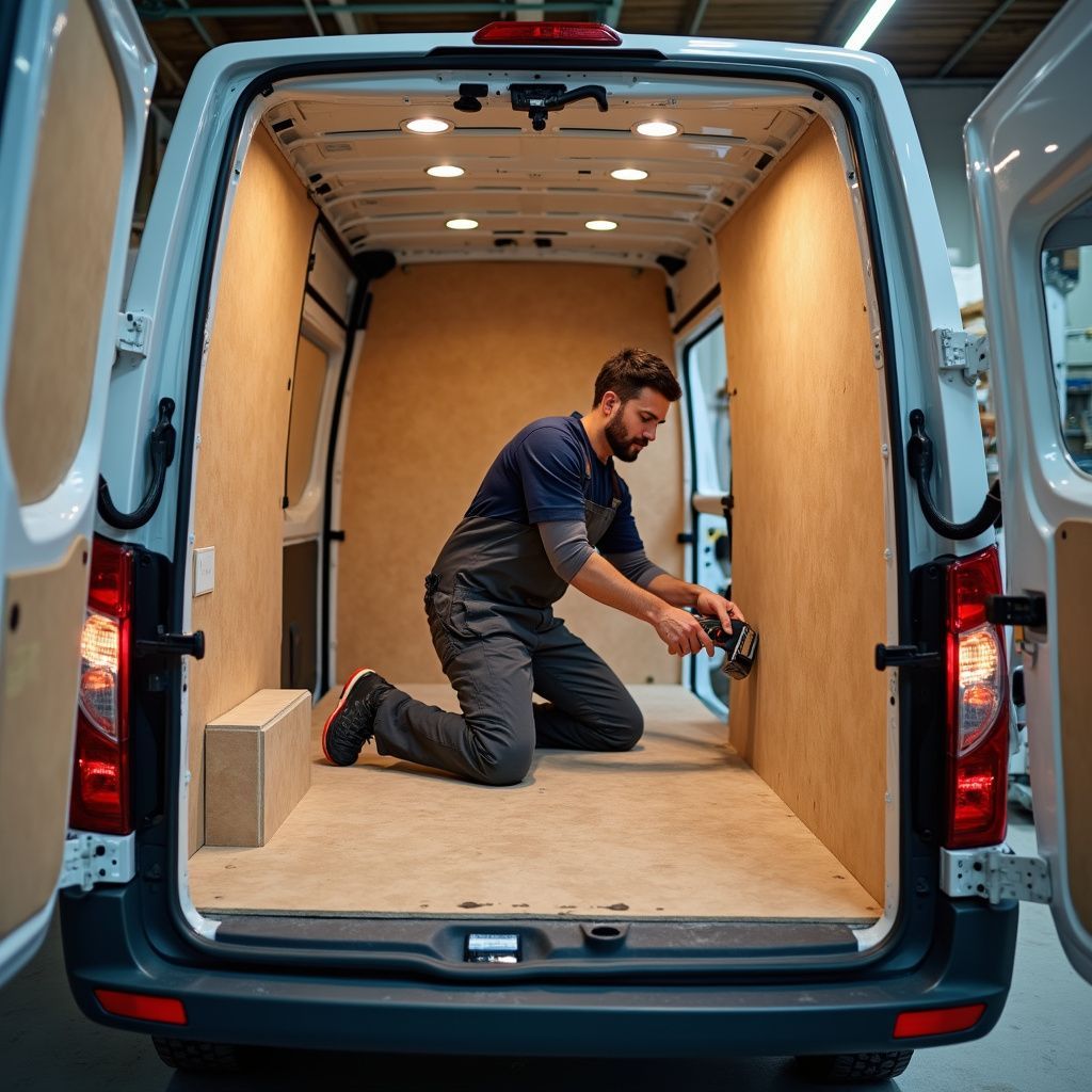 A person kneels inside a van, installing wood paneling. The van doors are open.