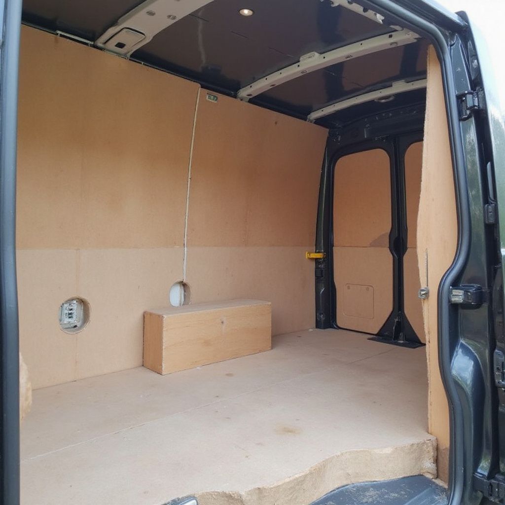 Interior of a cargo van, mostly empty with wooden paneling.