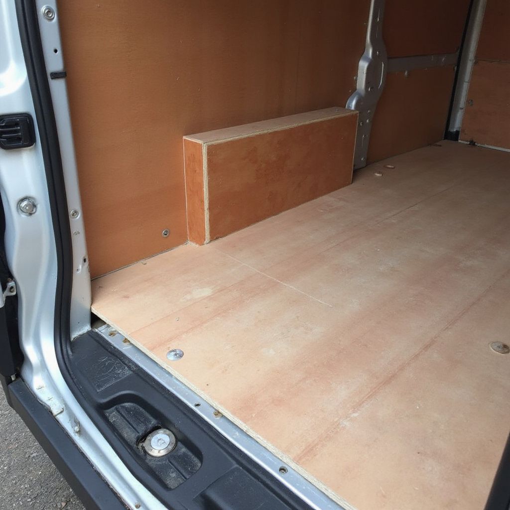 Inside of a van, modified with wood paneling on the floor and walls.