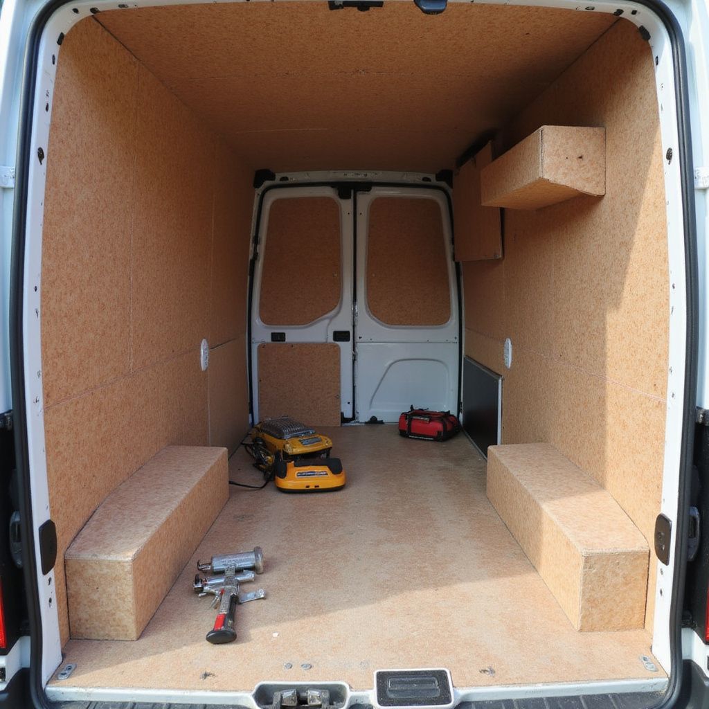 Interior of a white van lined with light-brown insulation. Power tools are on the floor; there are built-in benches.