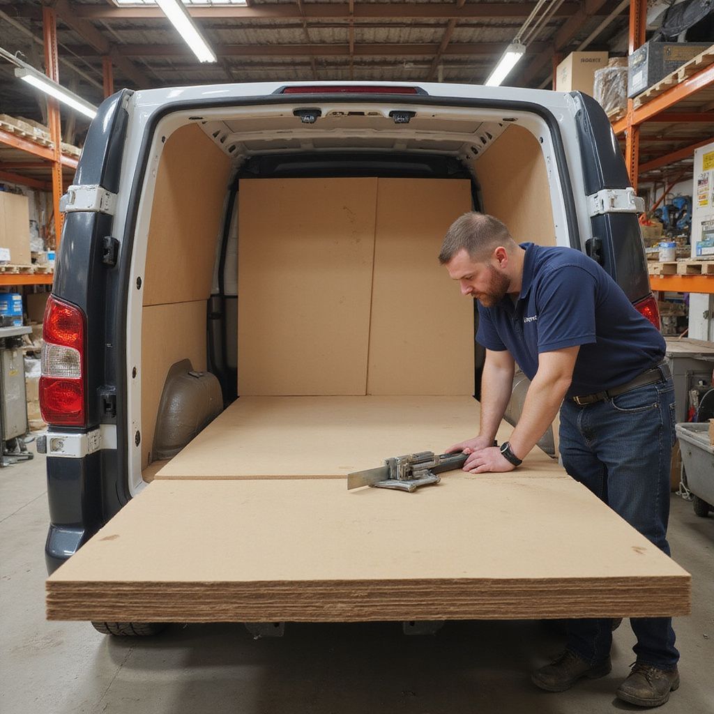 Man installs wooden panels in a van. Panels are beige. He kneels. Workshop setting.