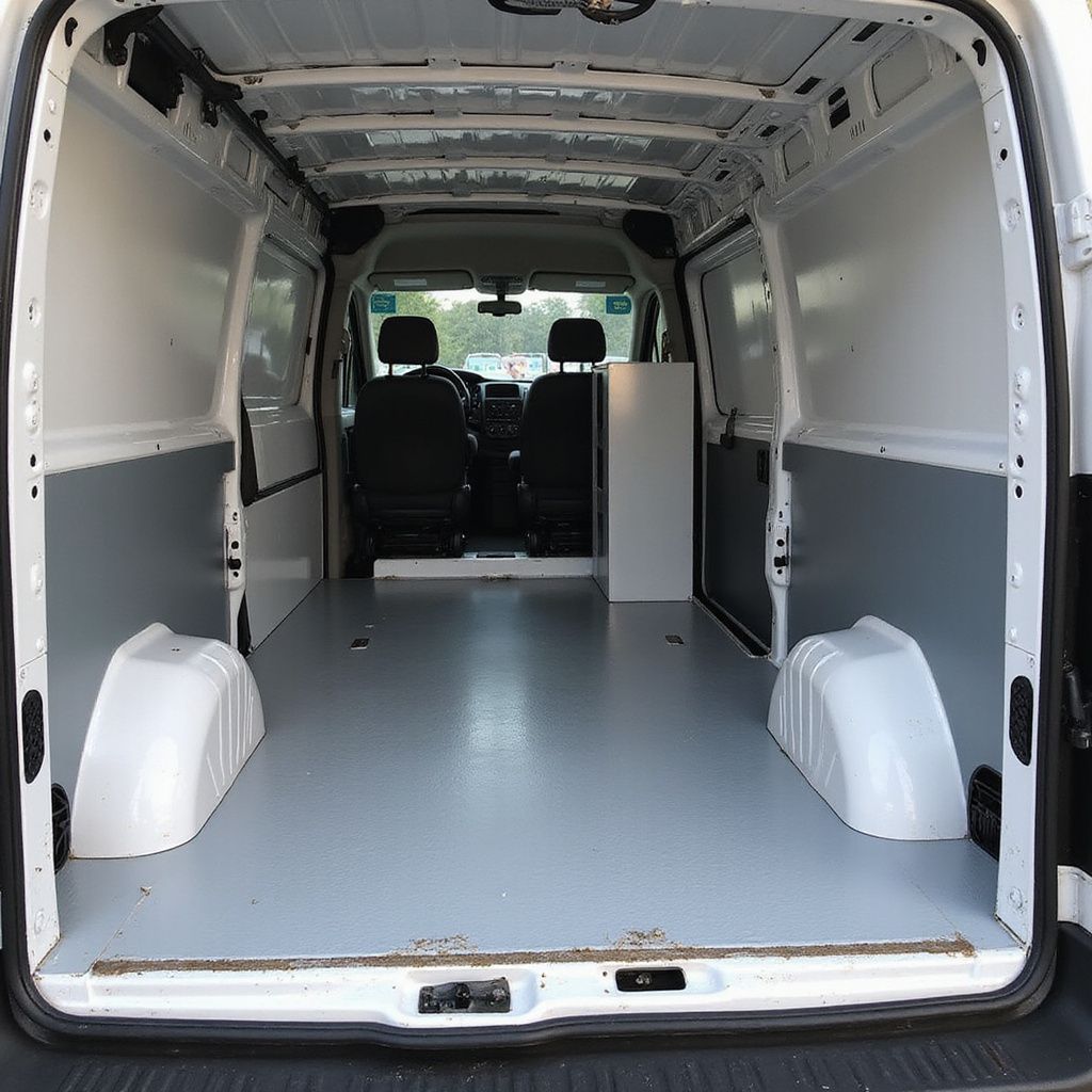 Empty cargo van interior, gray floor, white walls, and front seats visible.