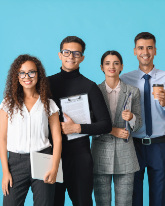 A group of business people standing next to each other on a blue background.