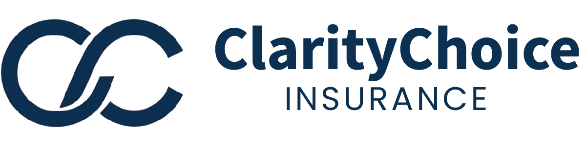 The logo for clarity choice insurance is blue and white.