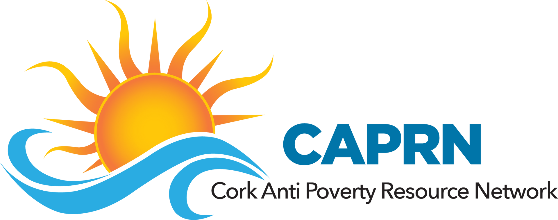 Logo of CAPRN, Cork Anti Poverty Resource Network: sun and waves with text 