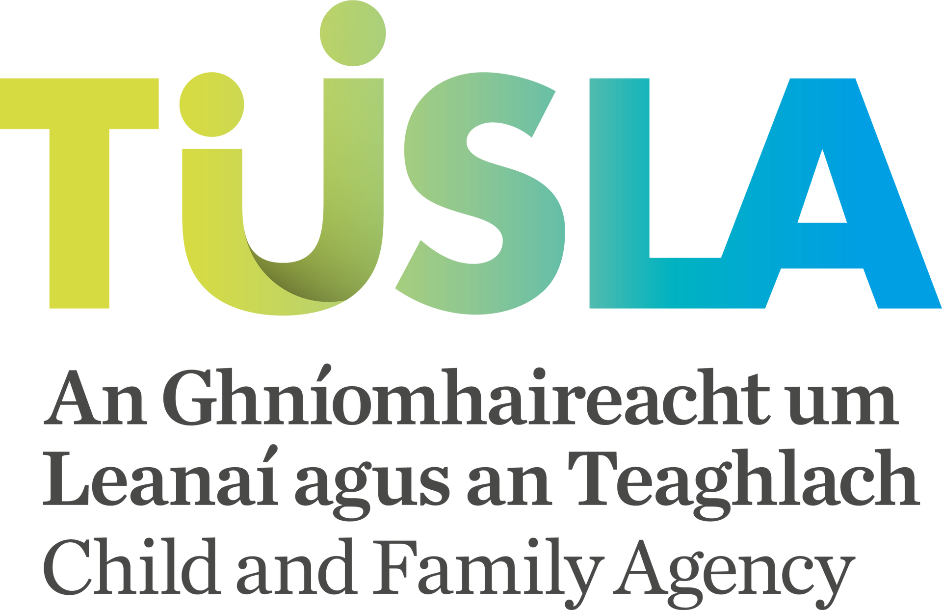 TUSLA logo with green to blue gradient text and Gaelic/English agency name: Child and Family Agency.