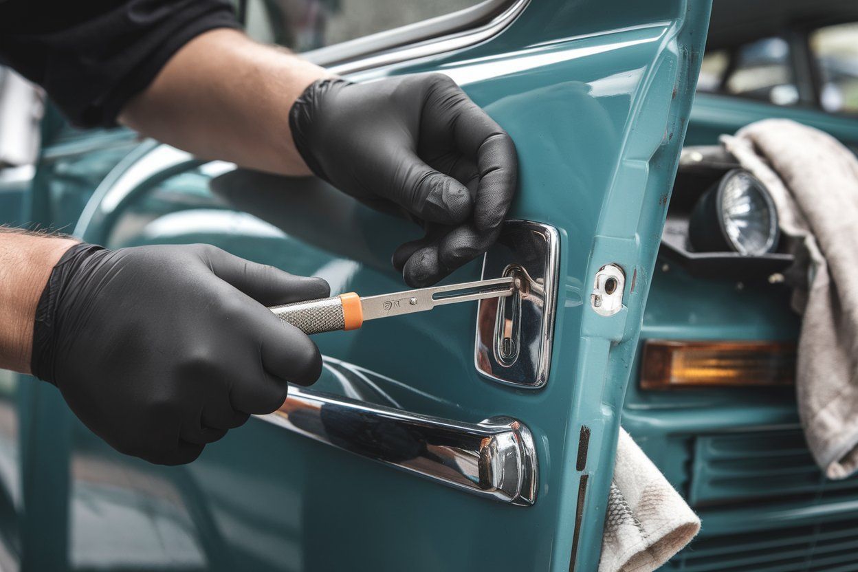 A man wearing black gloves is fixing a car door with a wrench.