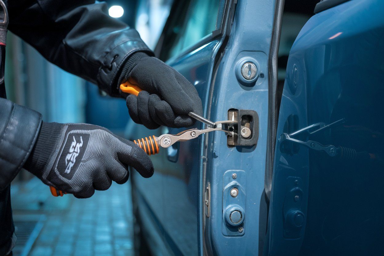 A man is using a pair of pliers to open a car door.