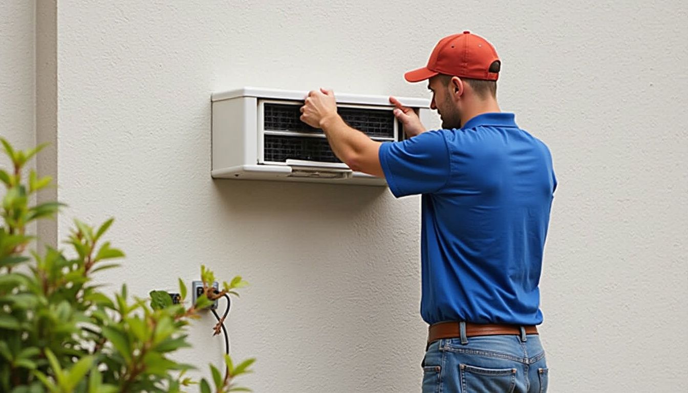 Man in blue shirt and red cap installing an air conditioning unit on a white wall outdoors.