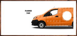 An orange van with a white sun on the side