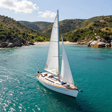 Barca a vela bianca in acque turchesi vicino a una baia verdeggiante e a una spiaggia sabbiosa sotto un cielo luminoso
