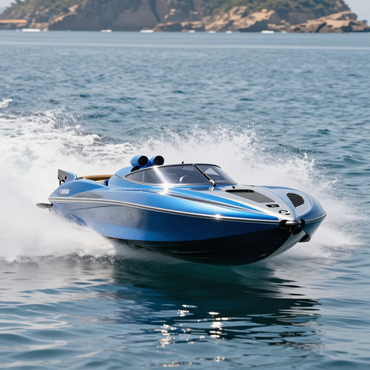 Motoscafo blu che sfreccia sull'acqua con una costa rocciosa sullo sfondo.