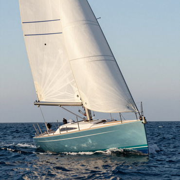 Barca a vela bianca con le vele spiegate che fendono le acque blu increspate sotto un cielo limpido.