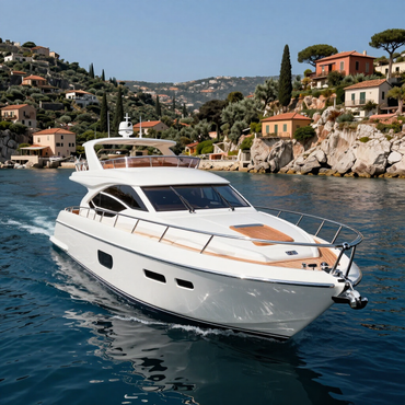 Yacht bianco che naviga su acque blu vicino a una costa rocciosa del Mediterraneo con case arroccate sulle colline.