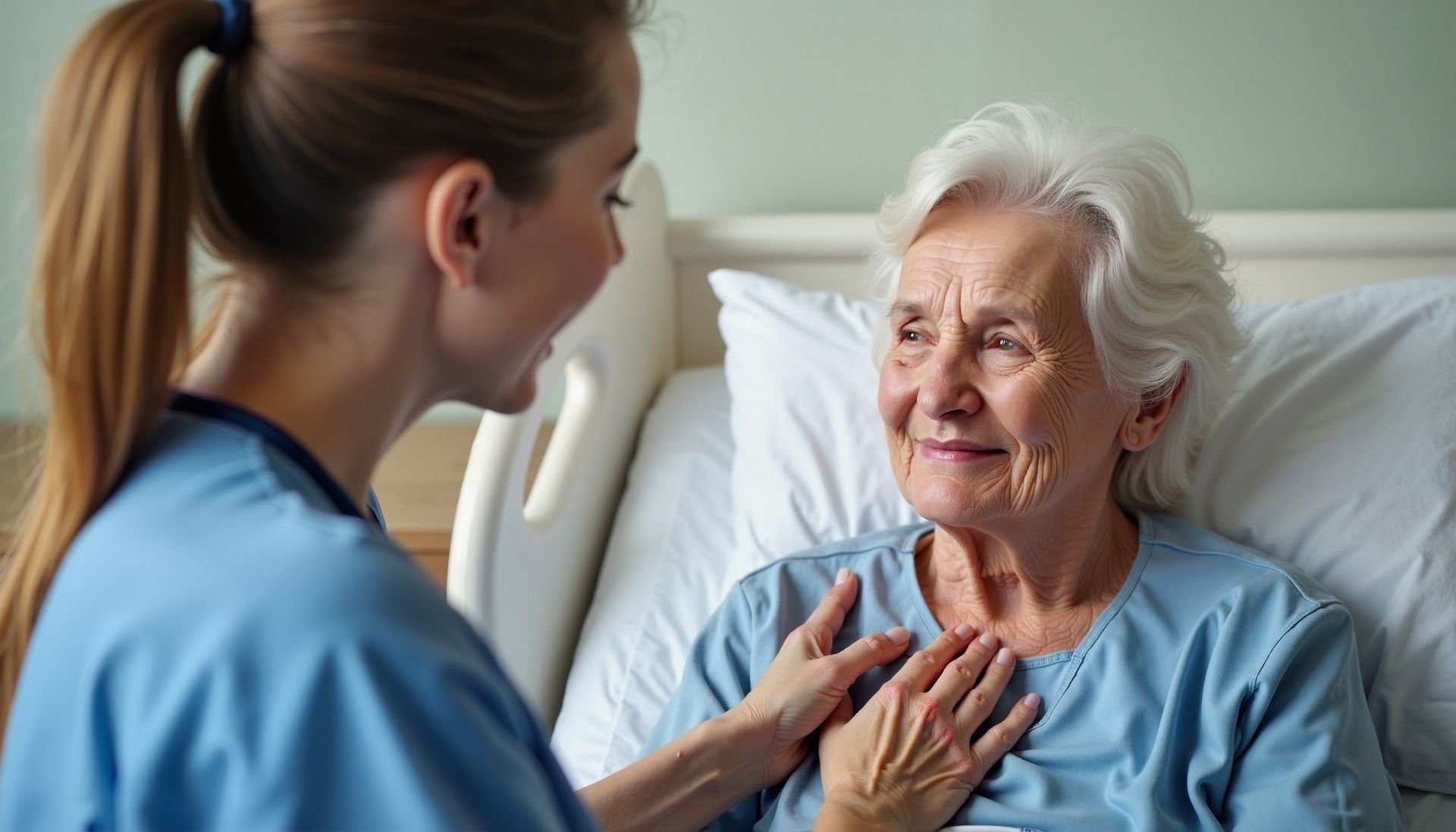 A nurse is talking to an elderly woman in a hospital bed.