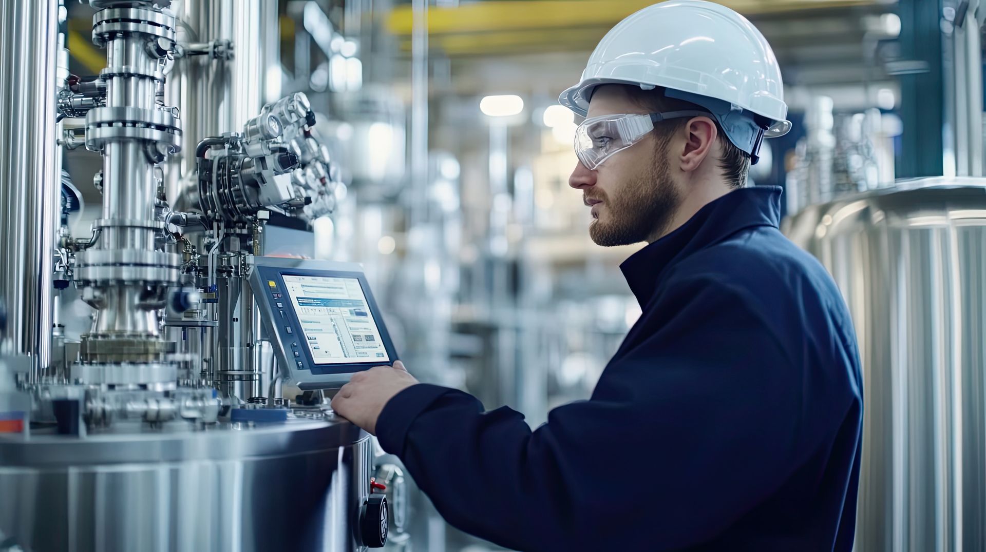 A man wearing a hard hat and safety glasses is working on a machine in a factory.