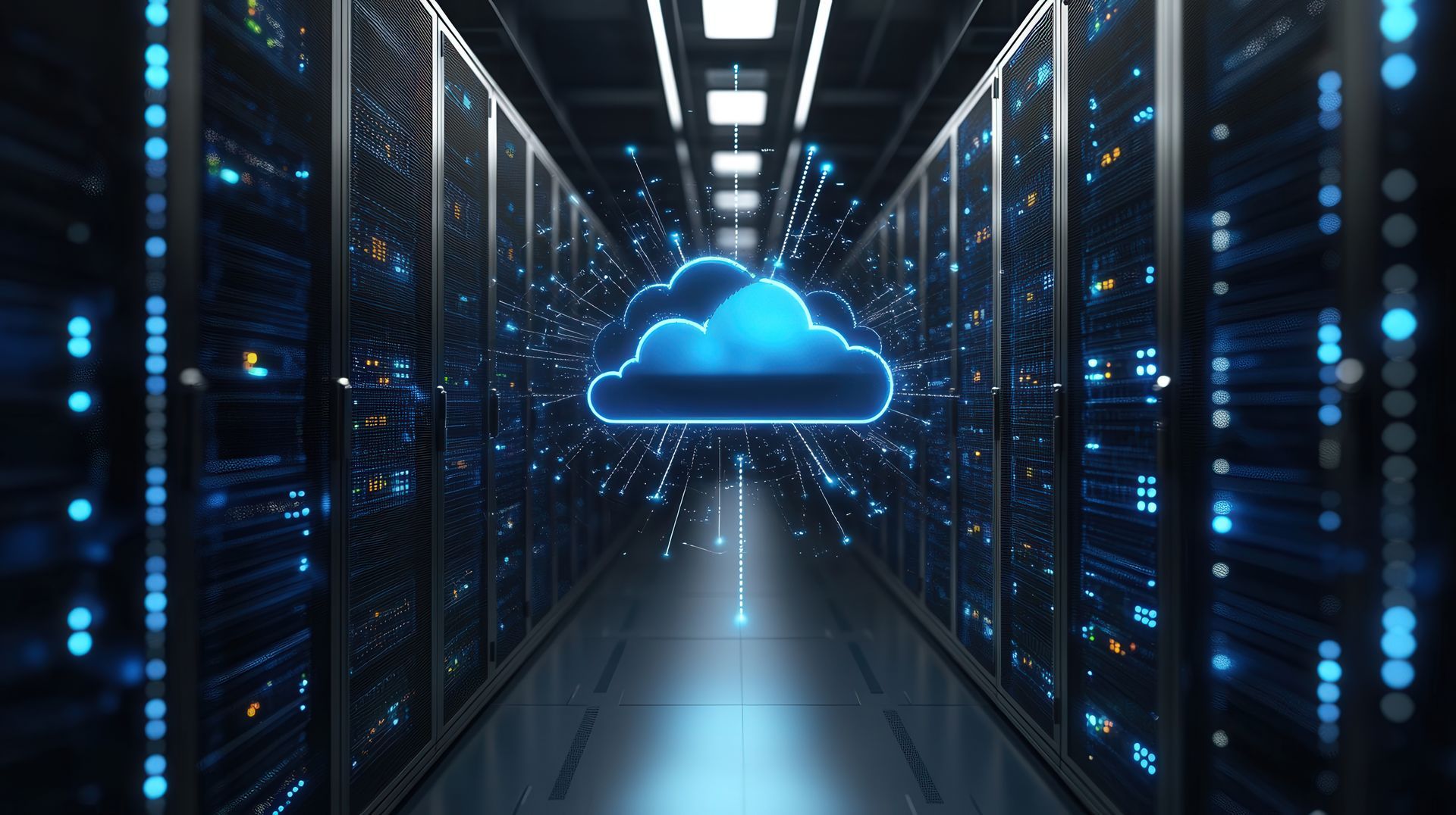 A cloud is floating in the middle of a server room.