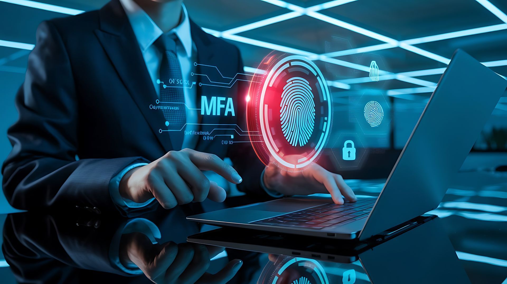 A man in a suit and tie is using a laptop computer.
