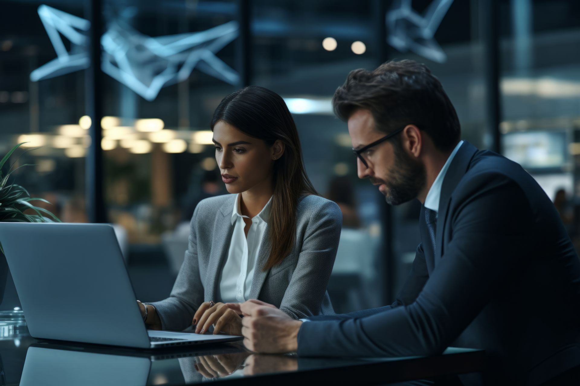 A man and a woman are sitting at a table looking at a laptop computer.