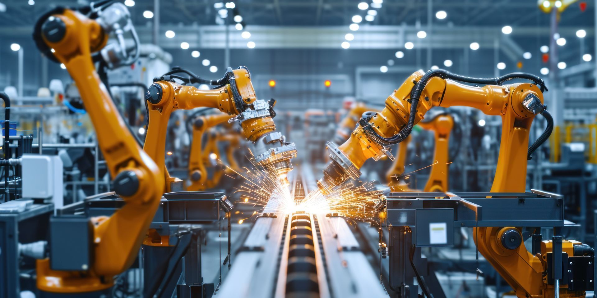 A row of robotic arms are welding a piece of metal in a factory.