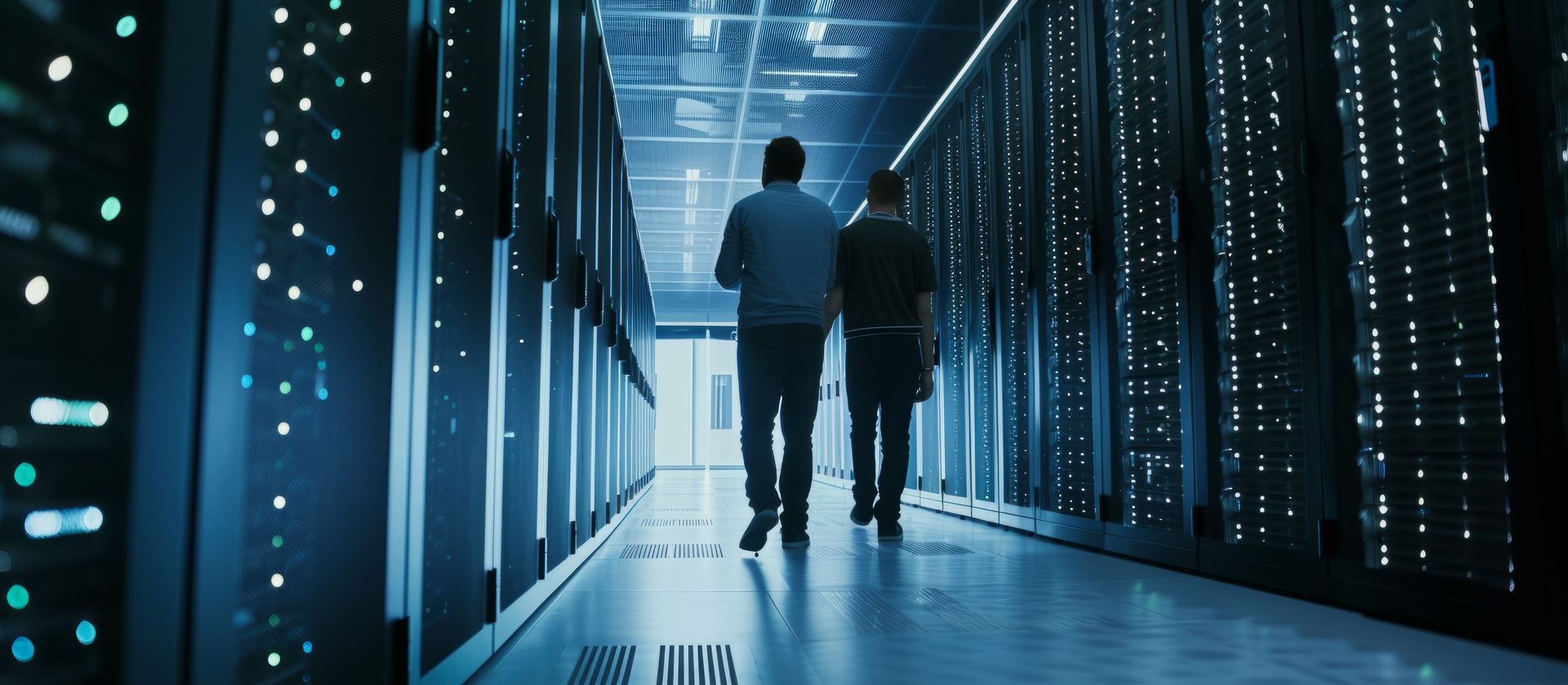 Two men are walking through a server room in a data center.