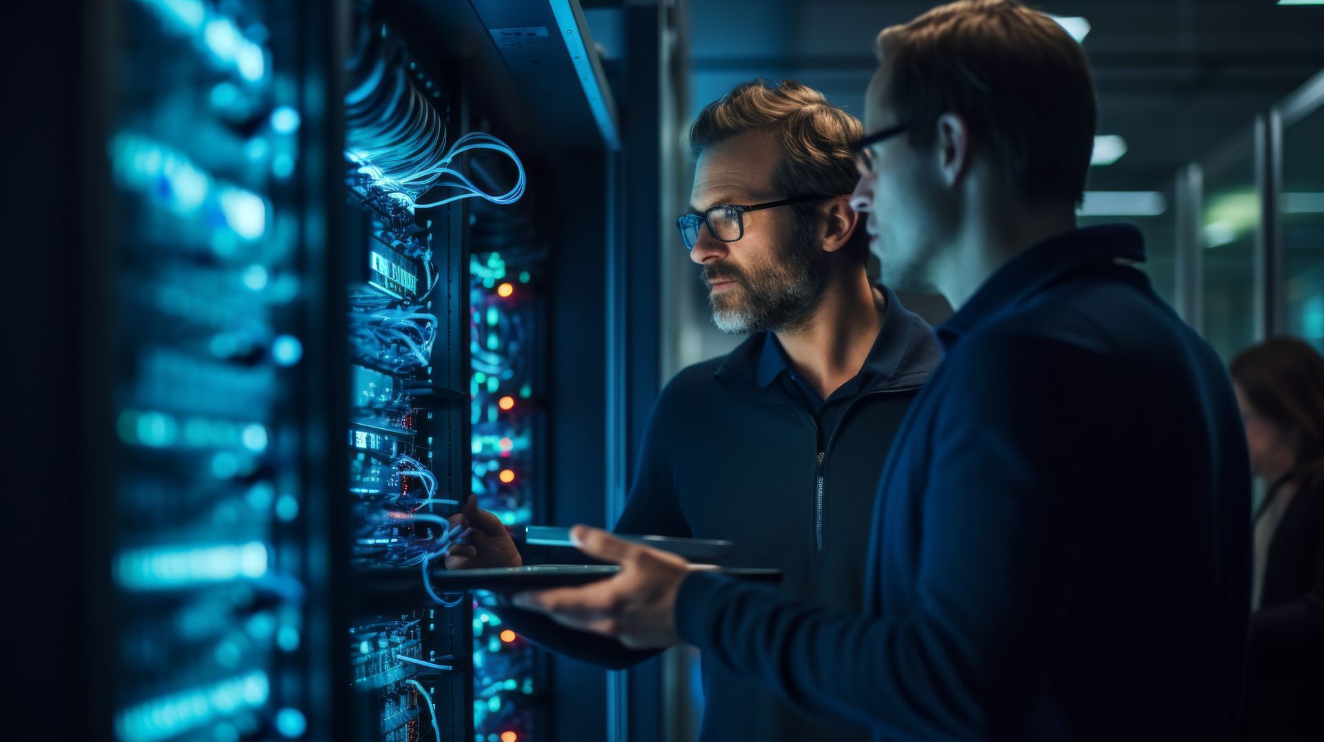 Two men are working on a server in a data center.