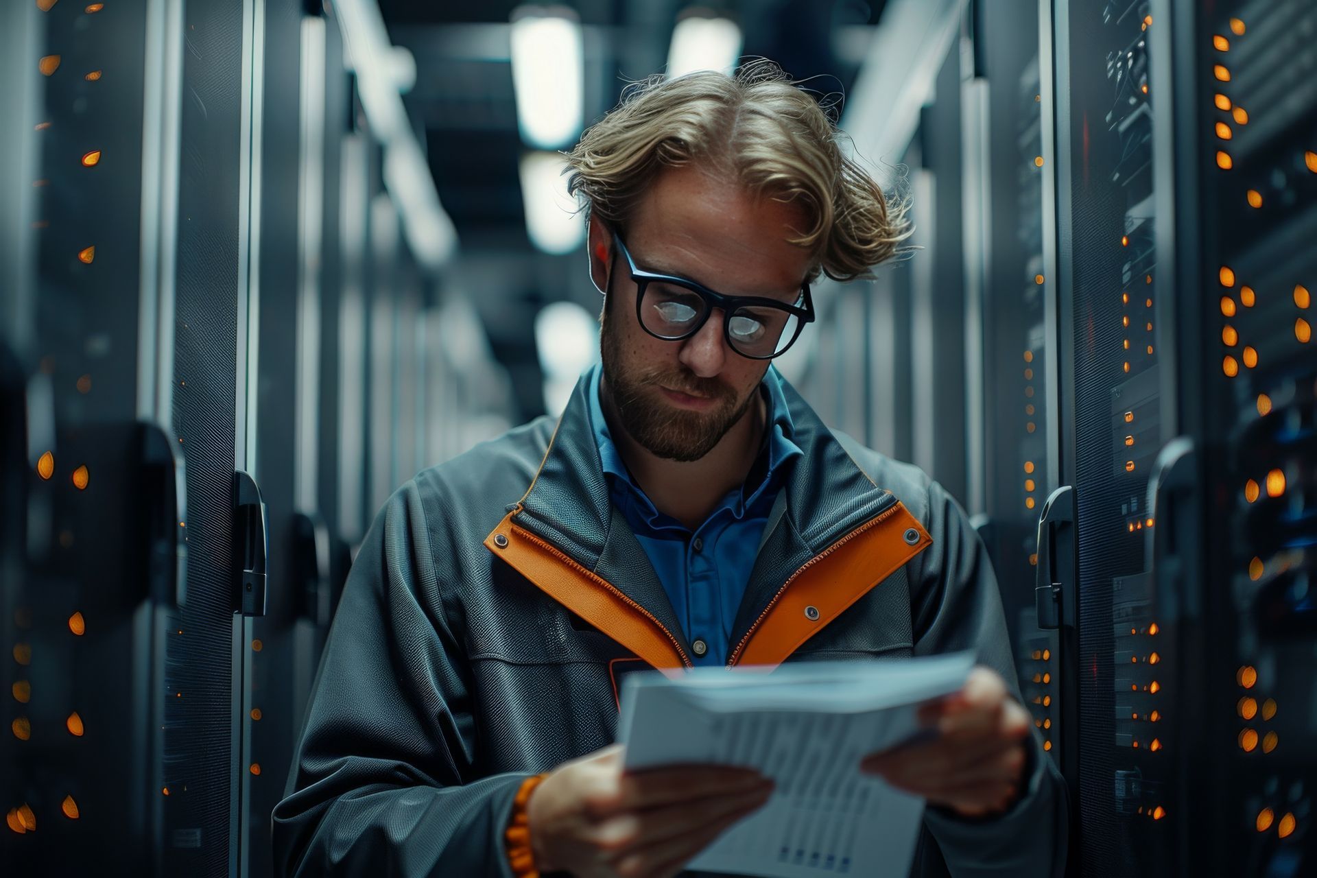 A man is looking at a piece of paper in a server room.