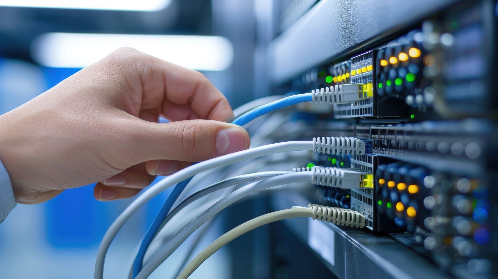 A person is plugging a cable into a server in a data center.