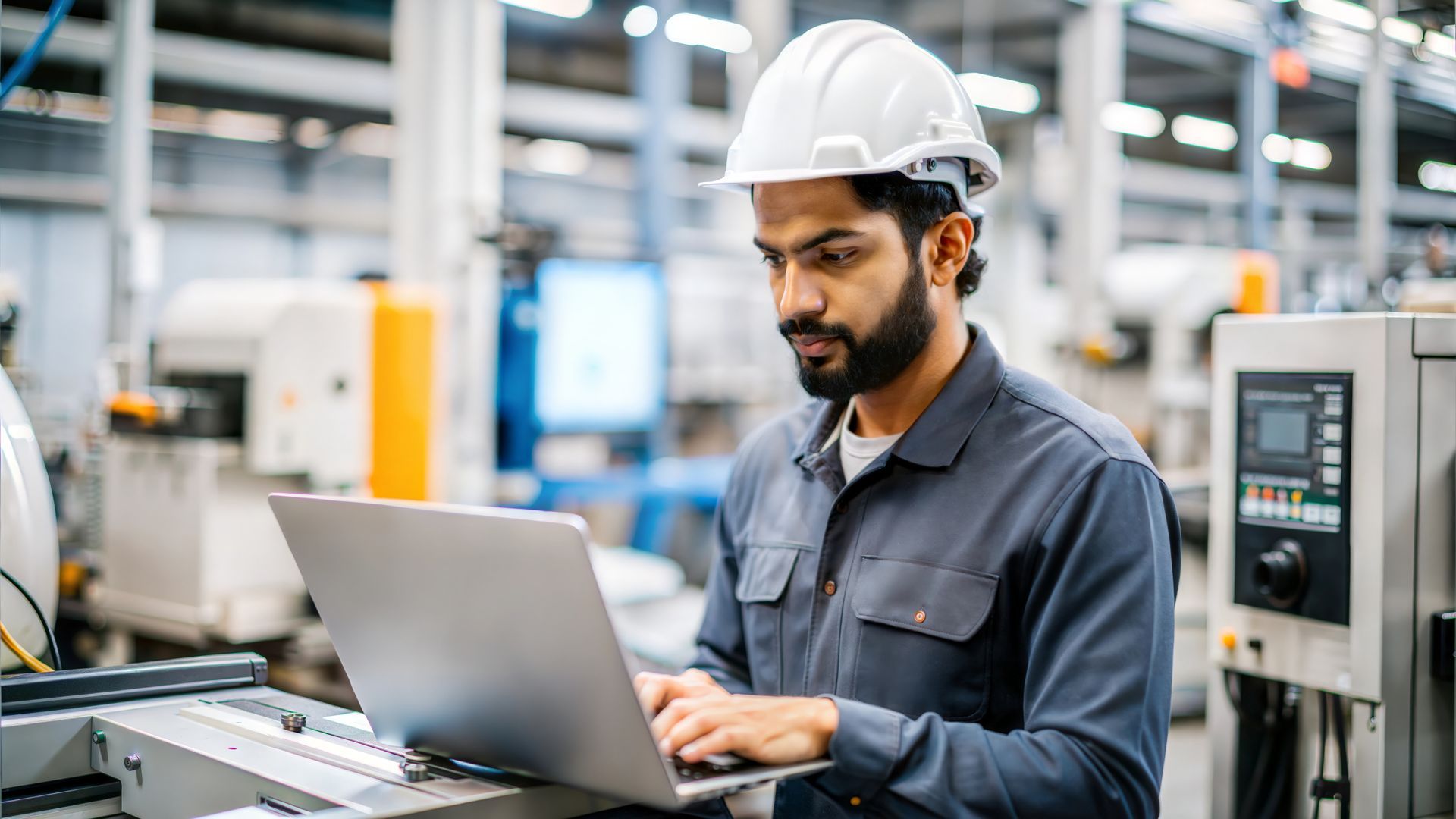 A man wearing a hard hat is using a laptop computer in a factory.