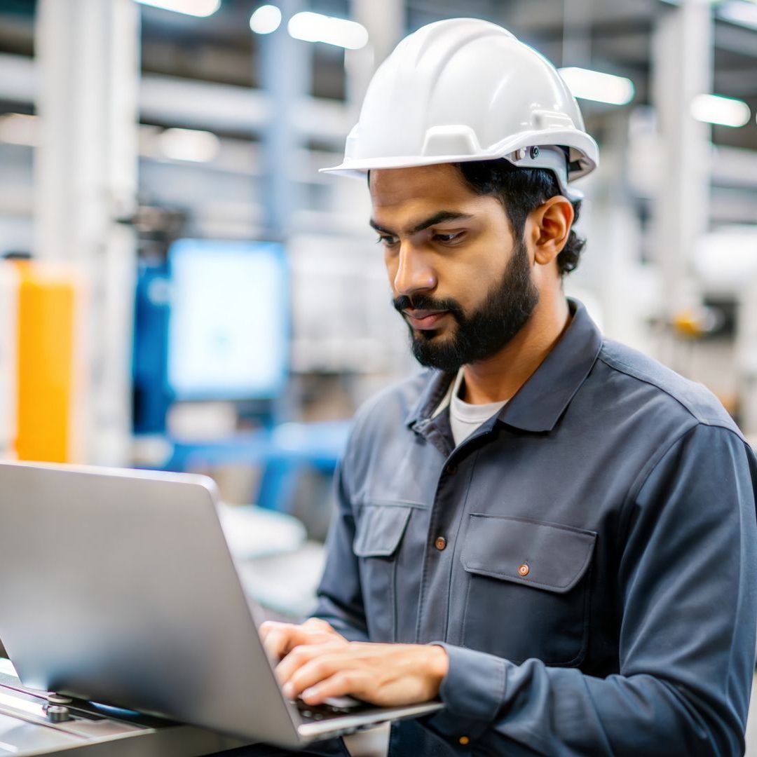 A man wearing a hard hat is typing on a laptop computer.