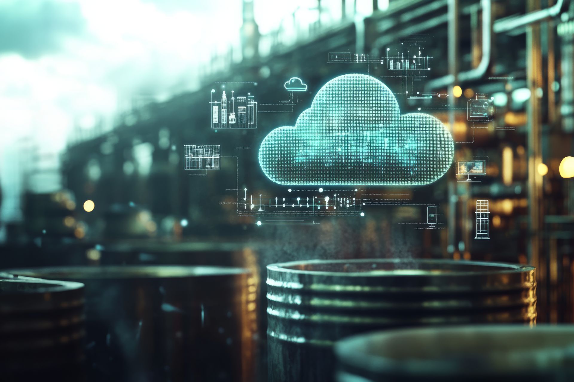 A cloud is floating in the air in a factory.