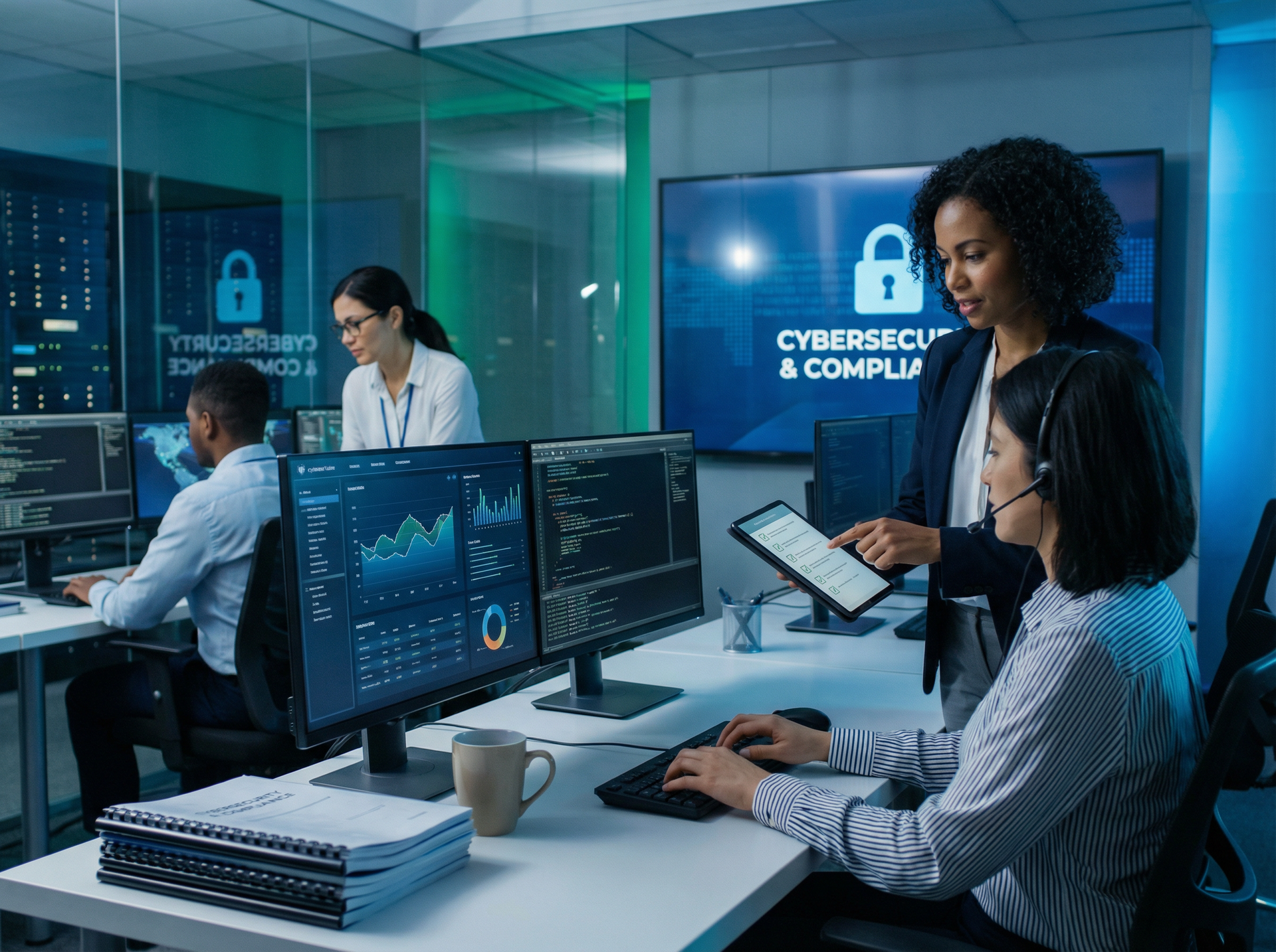 Cybersecurity team working in a modern office with multiple monitors and a large display; one person gestures at a tablet.