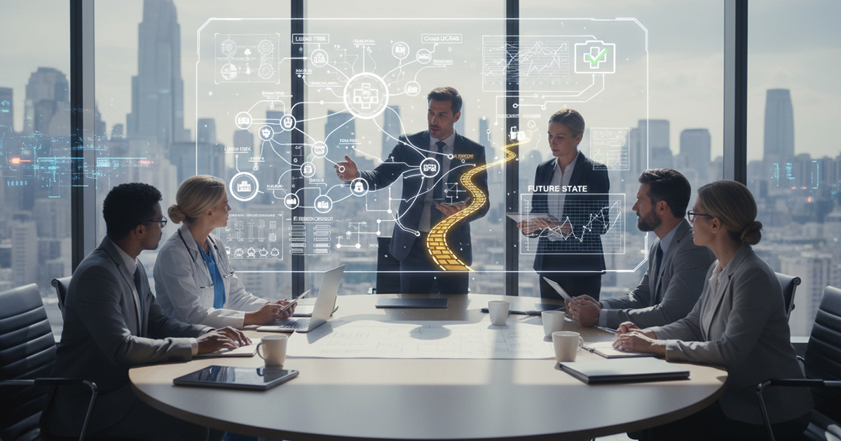 Business team in a meeting, gesturing at a digital display showing a path, with a cityscape background.