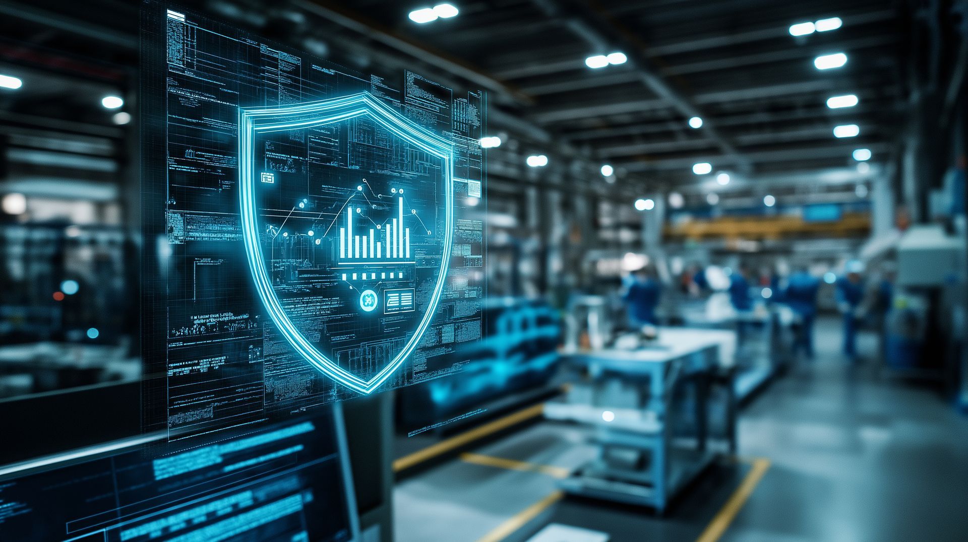 A shield is displayed on a computer screen in a factory.