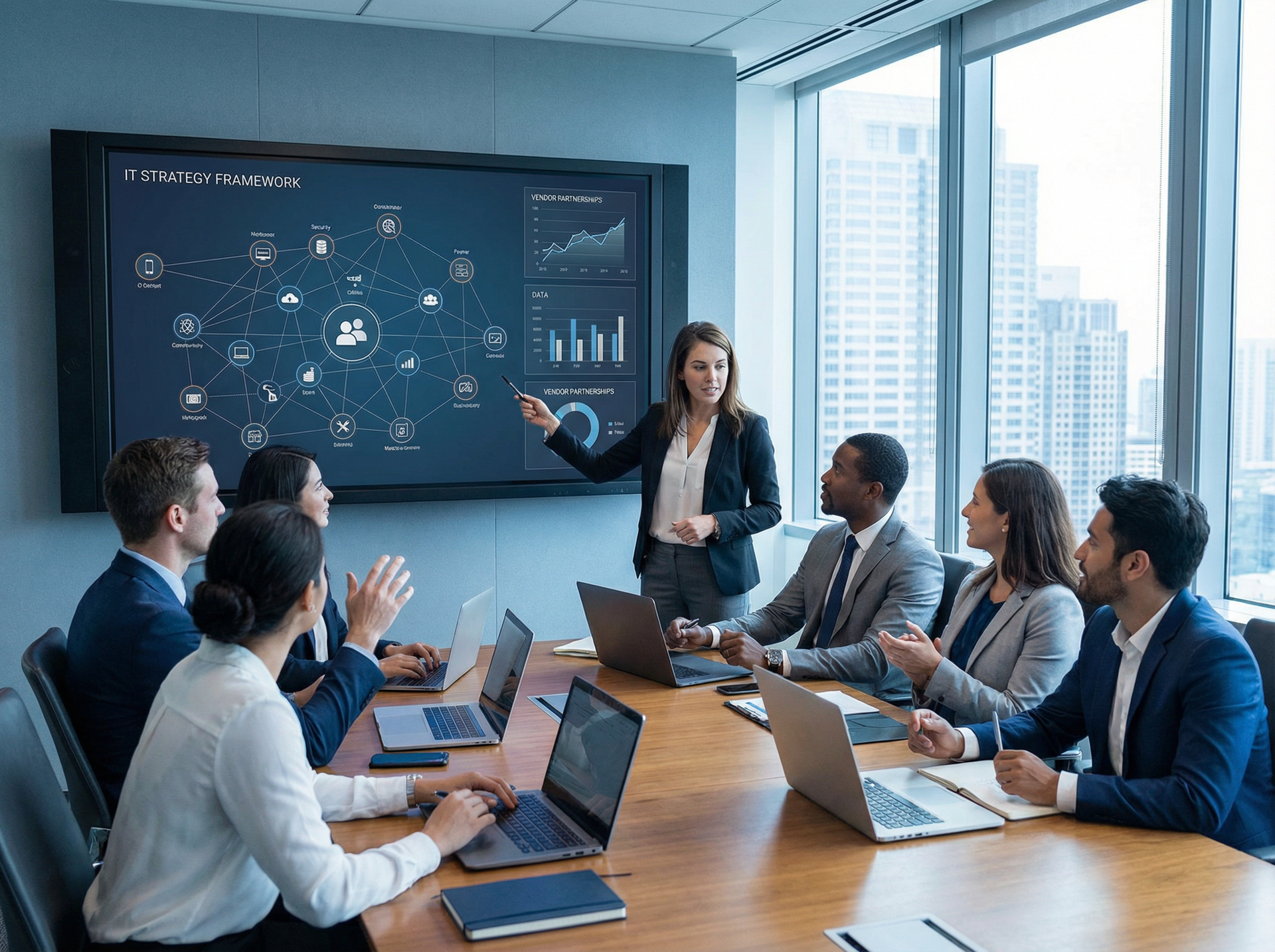 Businesswoman presenting data on screen to colleagues in a modern office meeting.