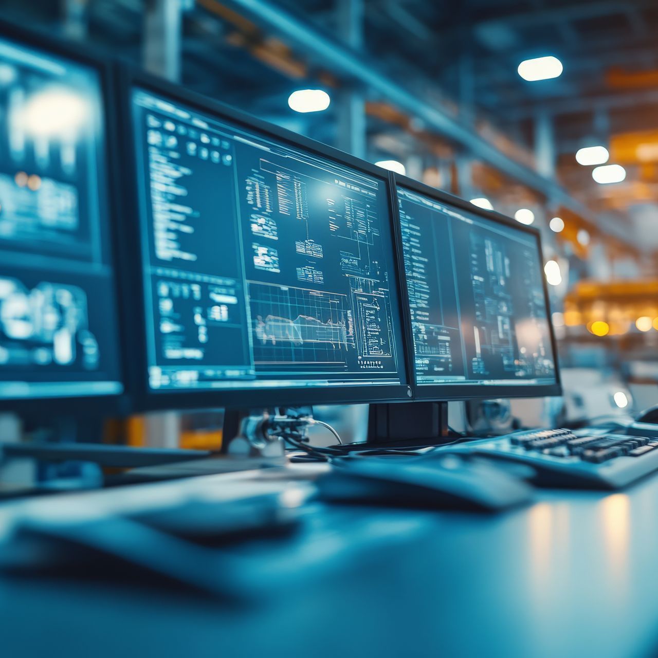 Three computer monitors are sitting on a desk in a factory.