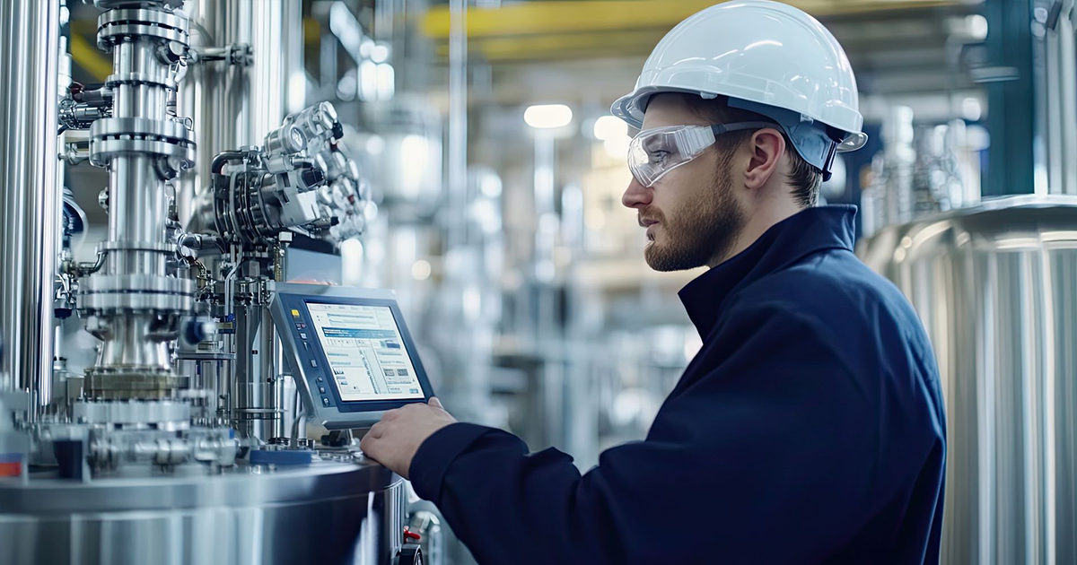 A man wearing a hard hat and safety glasses is working on a machine in a factory.