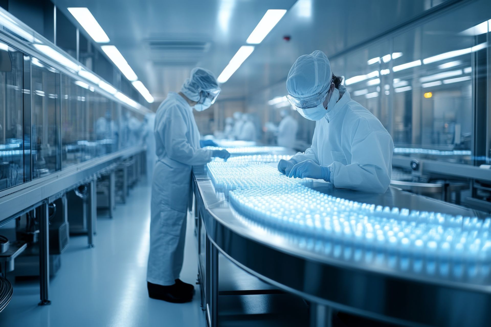 Two scientists are working in a clean room in a factory.