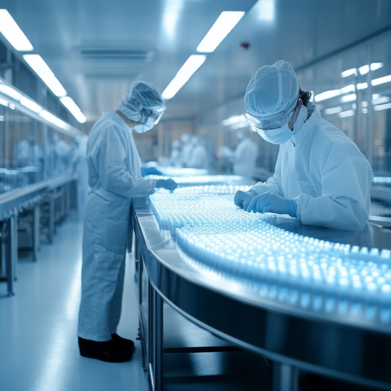 Two scientists are working in a clean room in a factory.