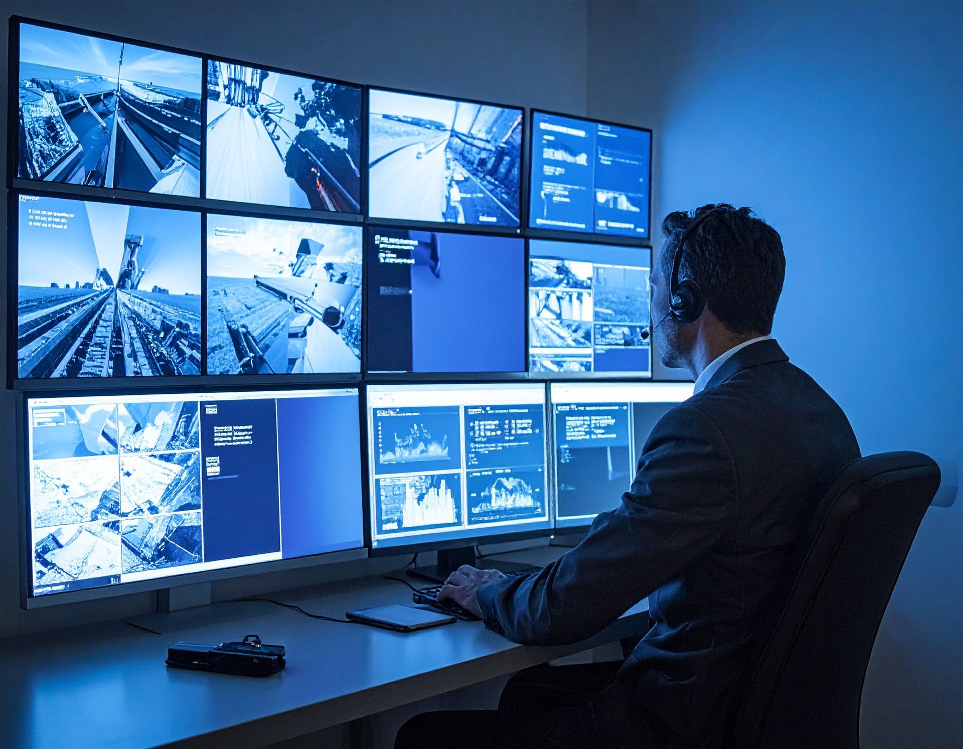 Man at desk monitors multiple blue-lit screens, wearing a headset. A surveillance or control room.