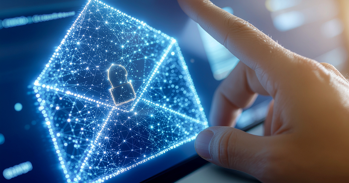Hand touching glowing digital envelope icon with a padlock, symbolizing secure email.