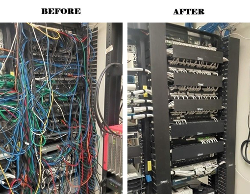 A before and after picture of a server rack with lots of wires.