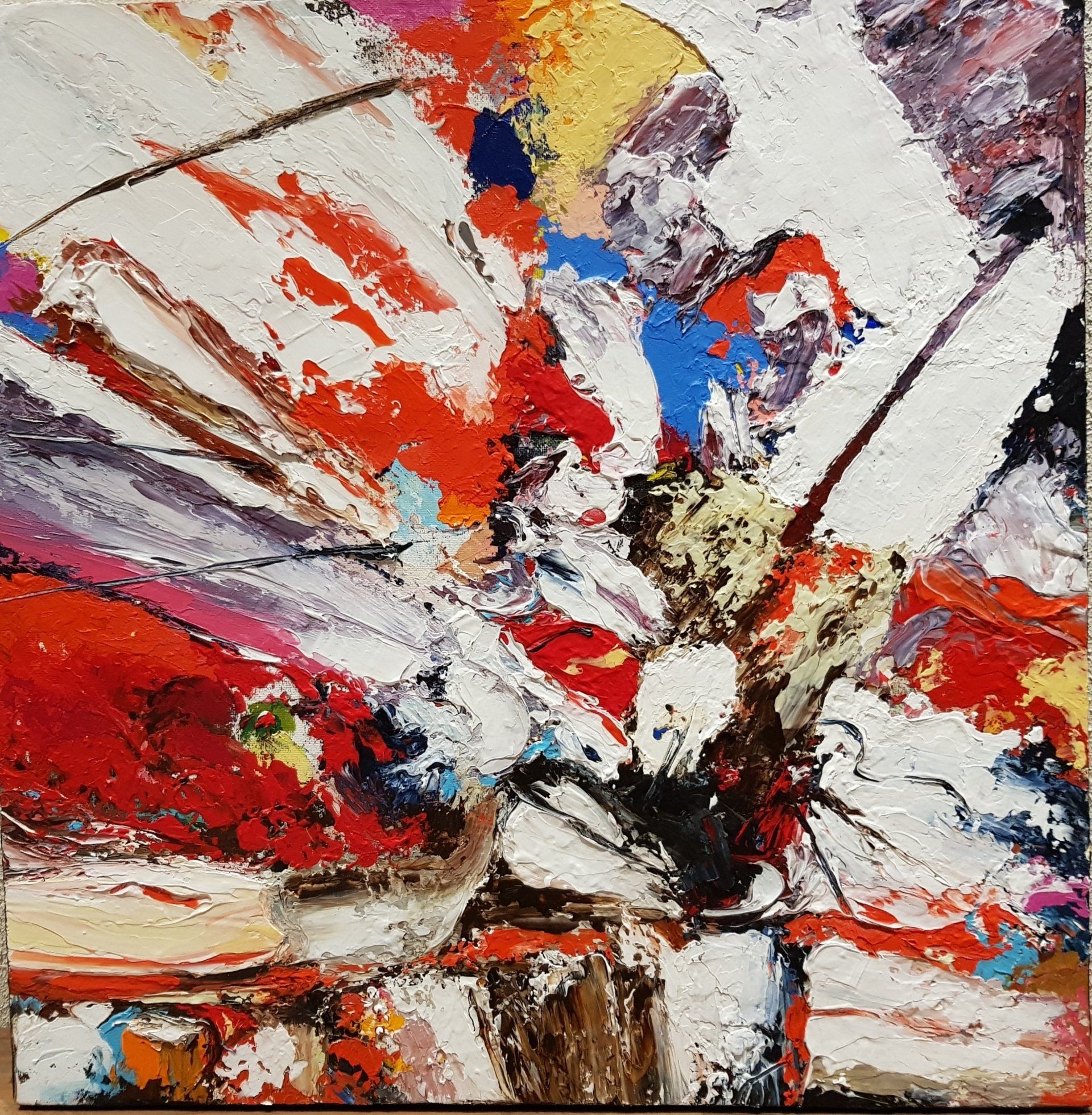 Een kleurrijk schilderij van een bloem in een vaas