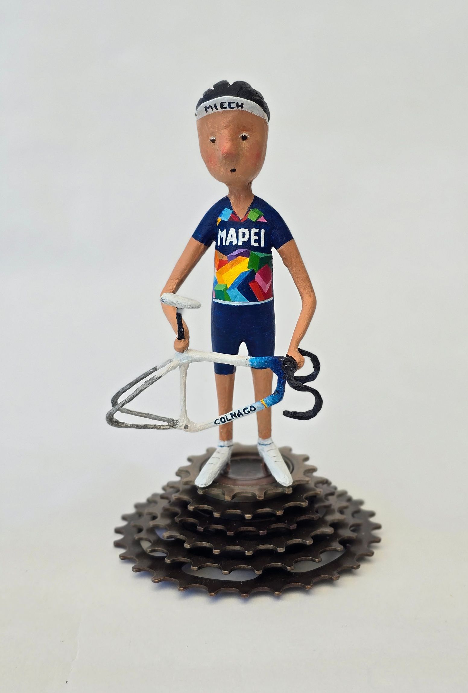 Retro cyclist in classic mapei cycling jersey.