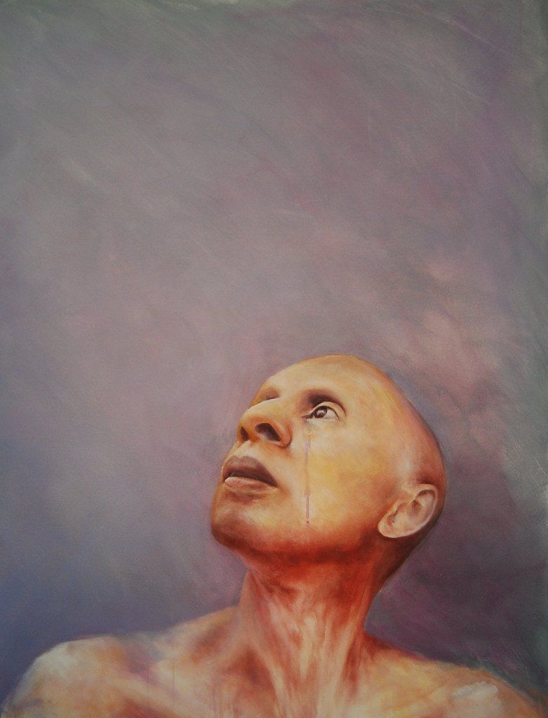 Een schilderij van een kale man die naar de lucht kijkt.