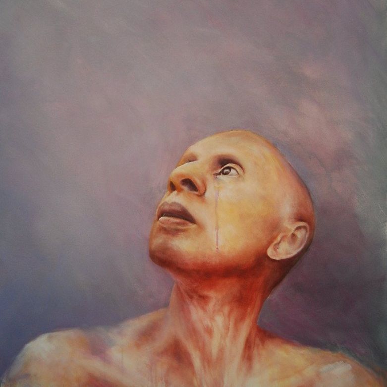 Een schilderij van een kale man die naar de lucht kijkt.