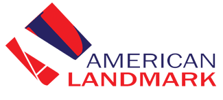 A logo for american landmark with a red and blue flag