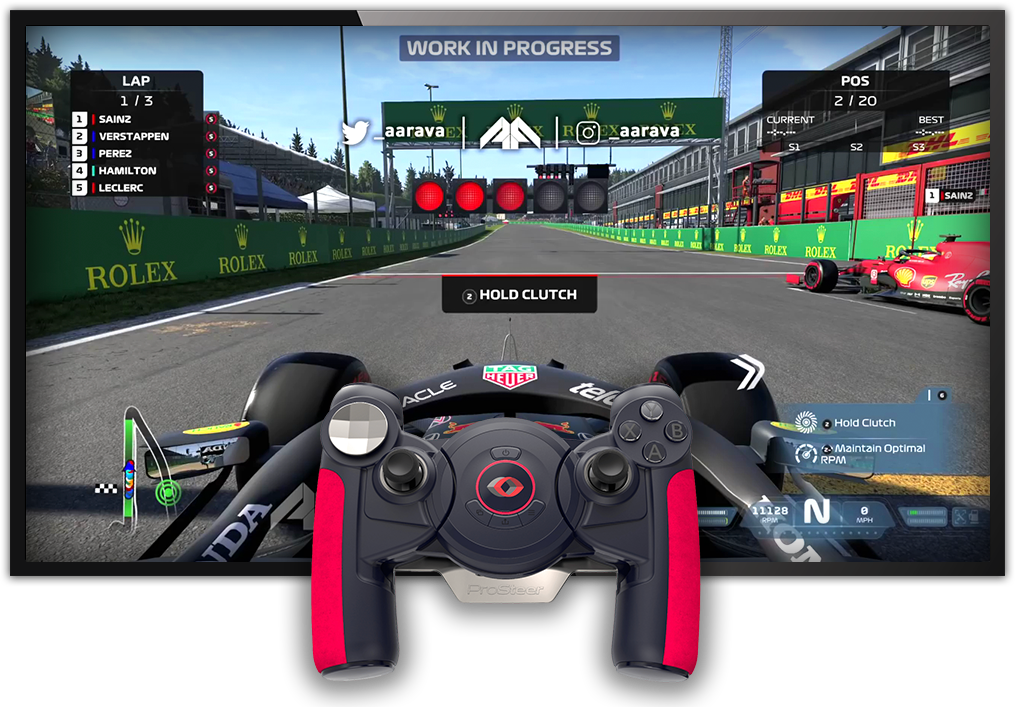 A video game is being played on a television with a steering wheel in the foreground.